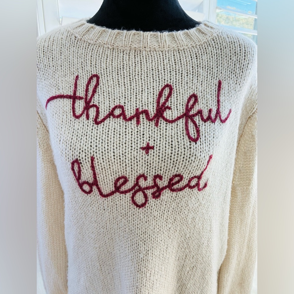 Wooden Ships Thankful + Blessed Cream light Sweater X/S fits Oversized Like M - Picture 2 of 8